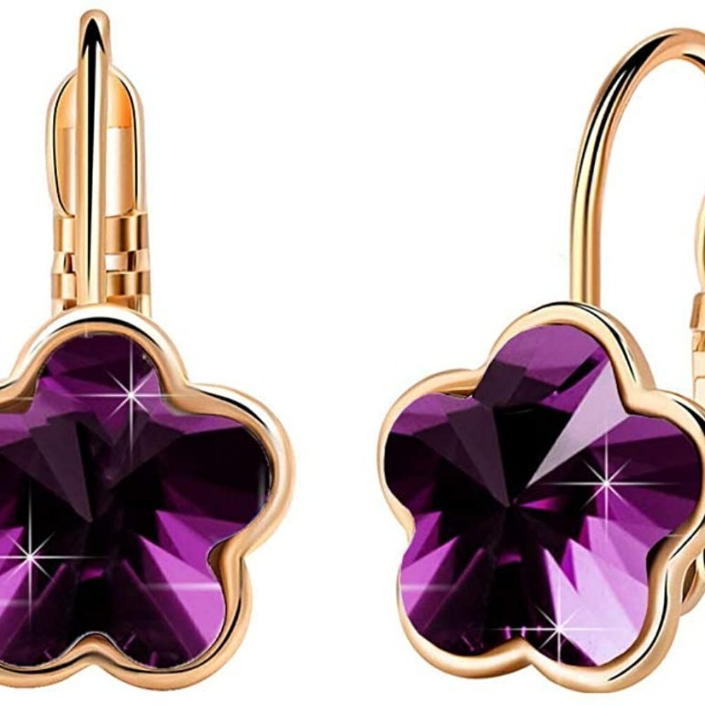 14K Rose Gold Plated Austrian Crystal Flower Leverback Drop Earrings